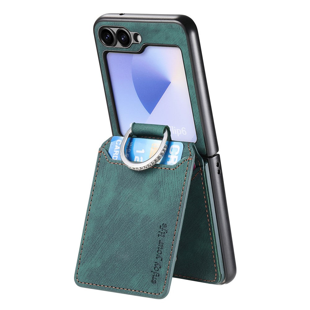 For Samsung Galaxy Z Flip7 FE 5G / Z Flip6 5G Case Card Holder Kickstand Retro Texture Leather Back Cover - Green