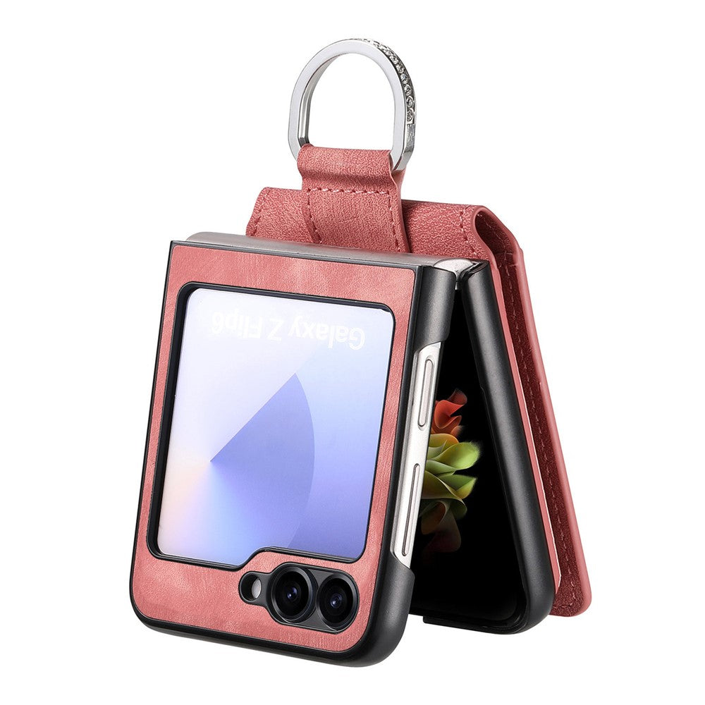 For Samsung Galaxy Z Flip7 FE 5G / Z Flip6 5G Case Card Holder Kickstand Retro Texture Leather Back Cover - Pink
