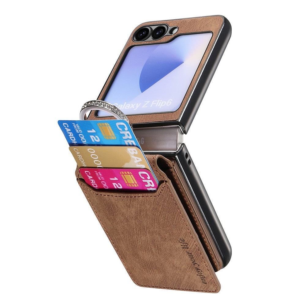 For Samsung Galaxy Z Flip7 FE 5G / Z Flip6 5G Case Card Holder Kickstand Retro Texture Leather Back Cover - Brown
