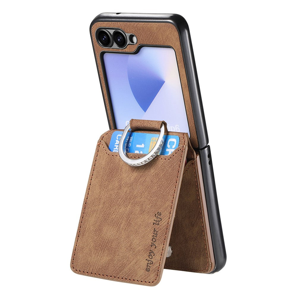 For Samsung Galaxy Z Flip7 FE 5G / Z Flip6 5G Case Card Holder Kickstand Retro Texture Leather Back Cover - Brown