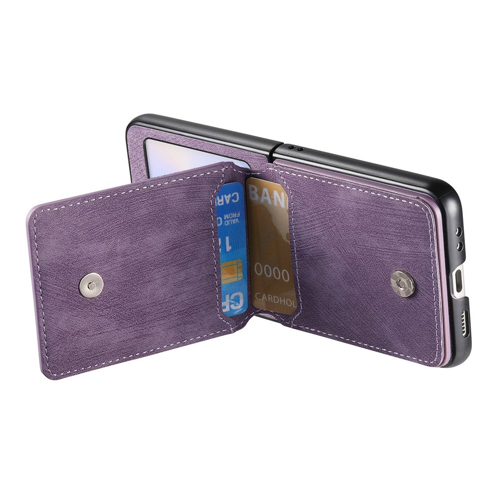 For Samsung Galaxy Z Flip7 FE 5G / Z Flip6 5G Case Card Holder Kickstand Retro Texture Leather Back Cover - Purple