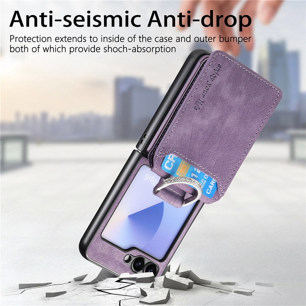 For Samsung Galaxy Z Flip7 FE 5G / Z Flip6 5G Case Card Holder Kickstand Retro Texture Leather Back Cover - Purple