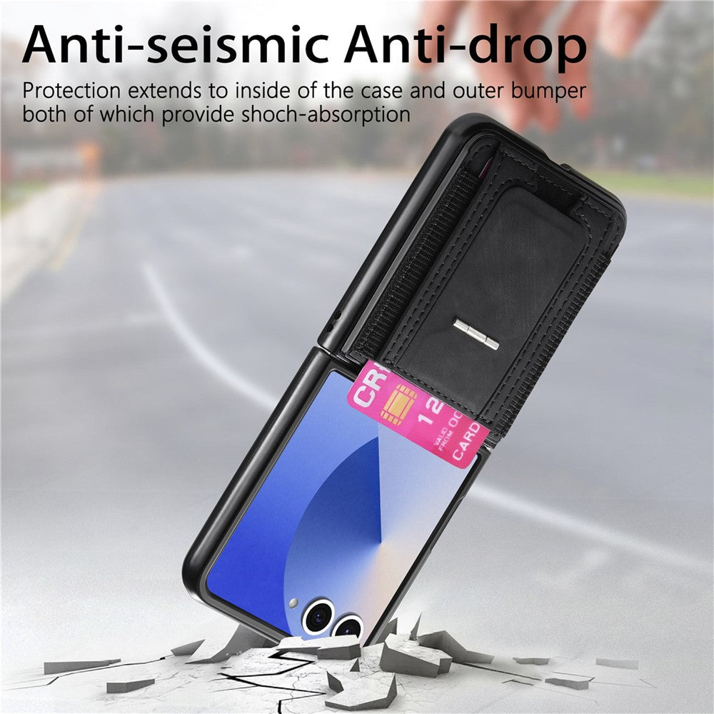 For Samsung Galaxy Z Flip7 5G Case Kickstand Retro Leather Back Cover with Card Holder - Black
