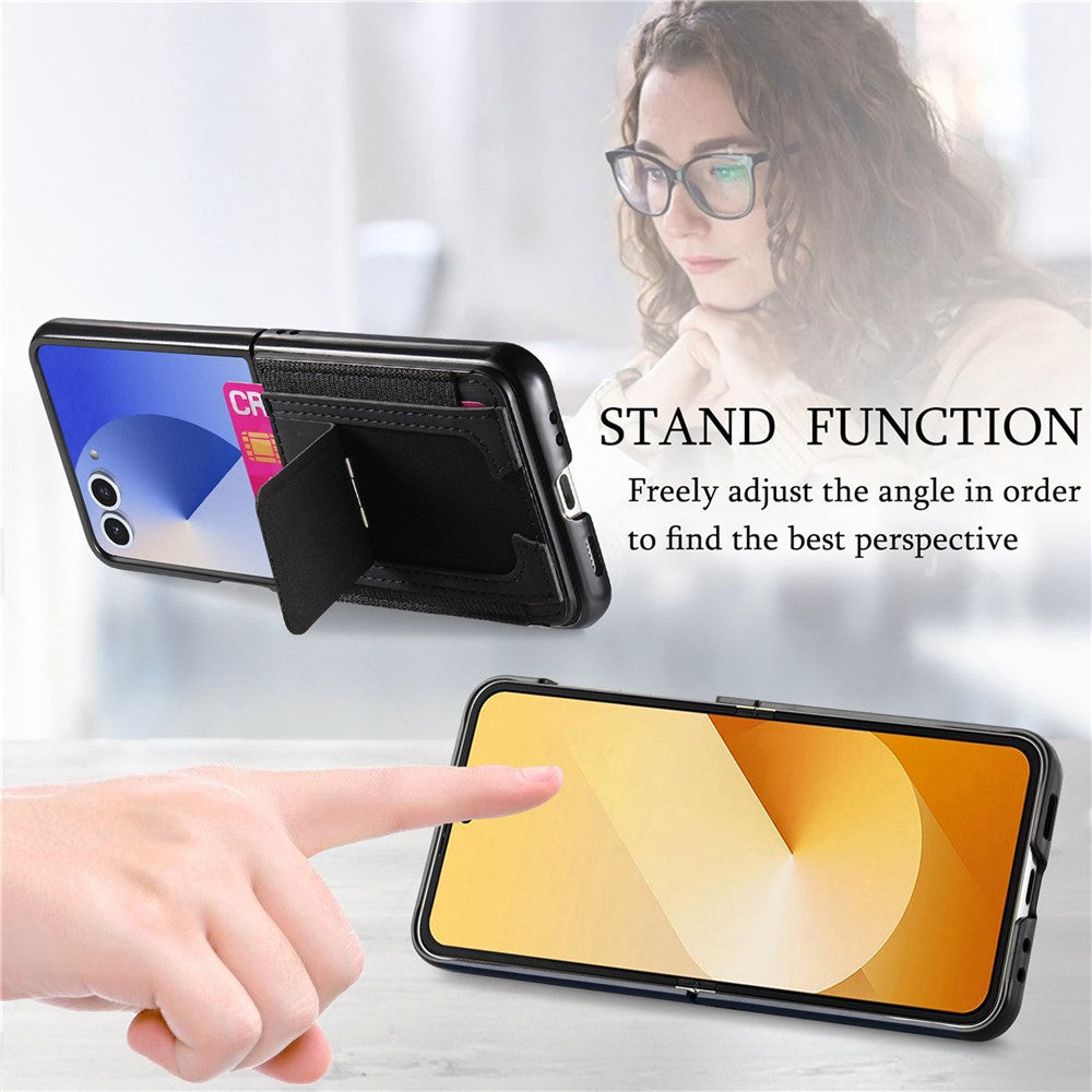 For Samsung Galaxy Z Flip7 5G Case Kickstand Retro Leather Back Cover with Card Holder - Black