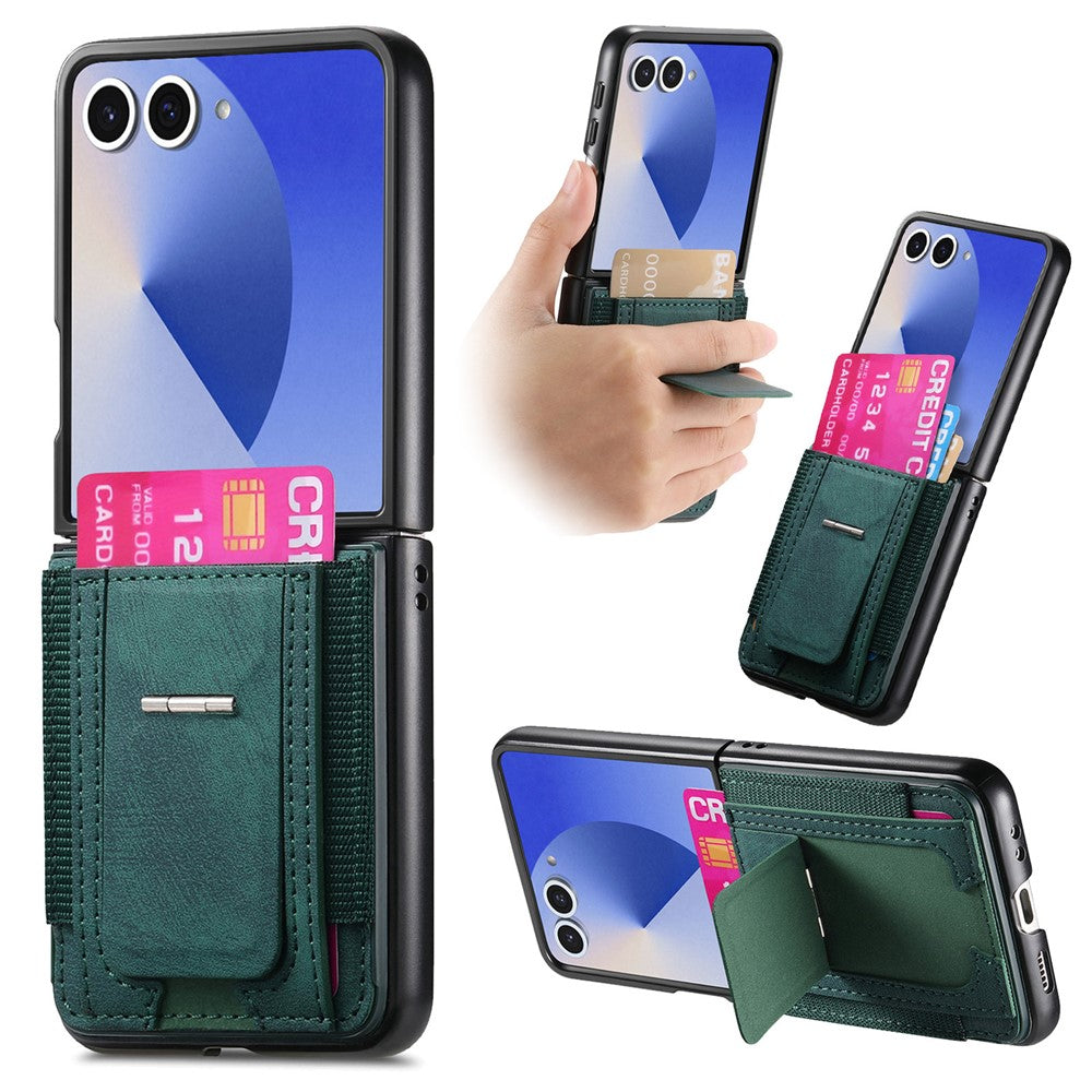 For Samsung Galaxy Z Flip7 5G Case Kickstand Retro Leather Back Cover with Card Holder - Green