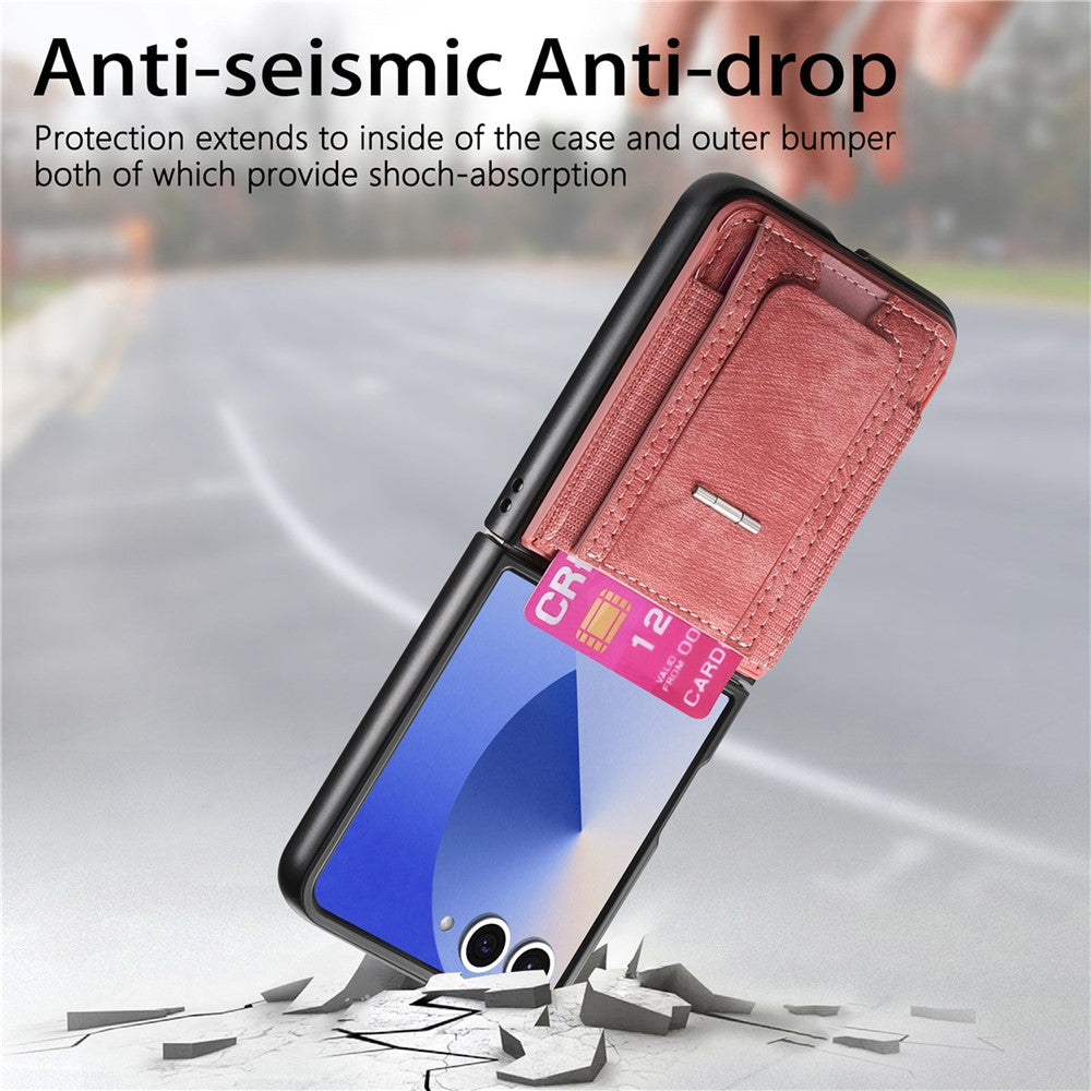 For Samsung Galaxy Z Flip7 5G Case Kickstand Retro Leather Back Cover with Card Holder - Pink