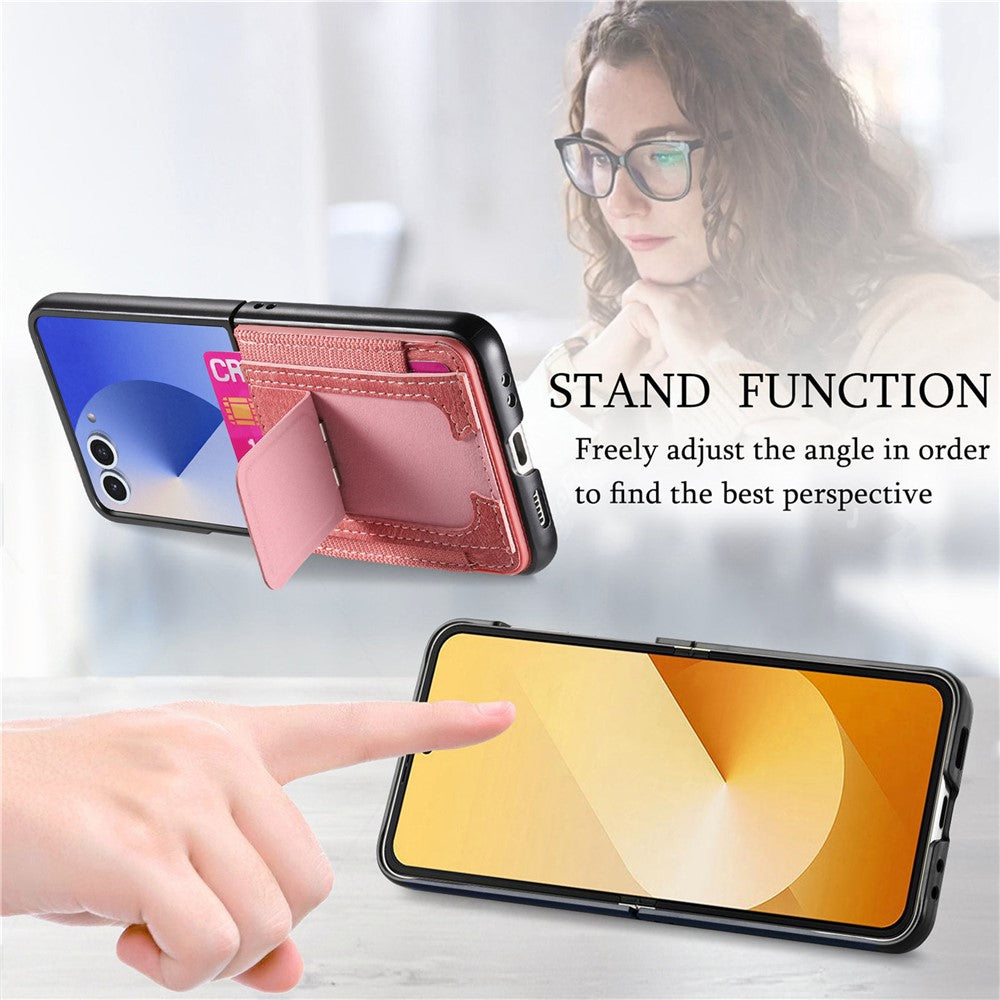For Samsung Galaxy Z Flip7 5G Case Kickstand Retro Leather Back Cover with Card Holder - Pink