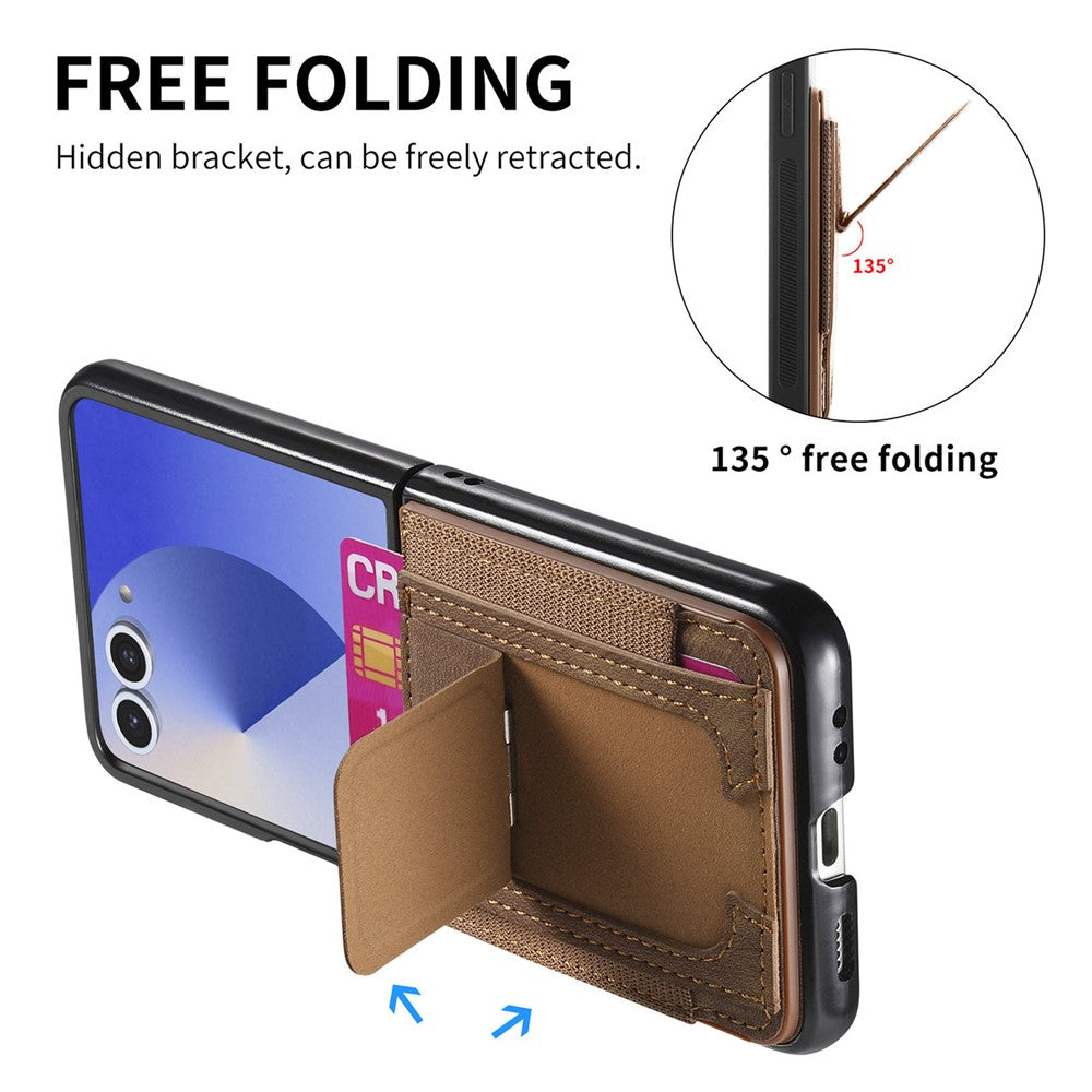 For Samsung Galaxy Z Flip7 5G Case Kickstand Retro Leather Back Cover with Card Holder - Brown