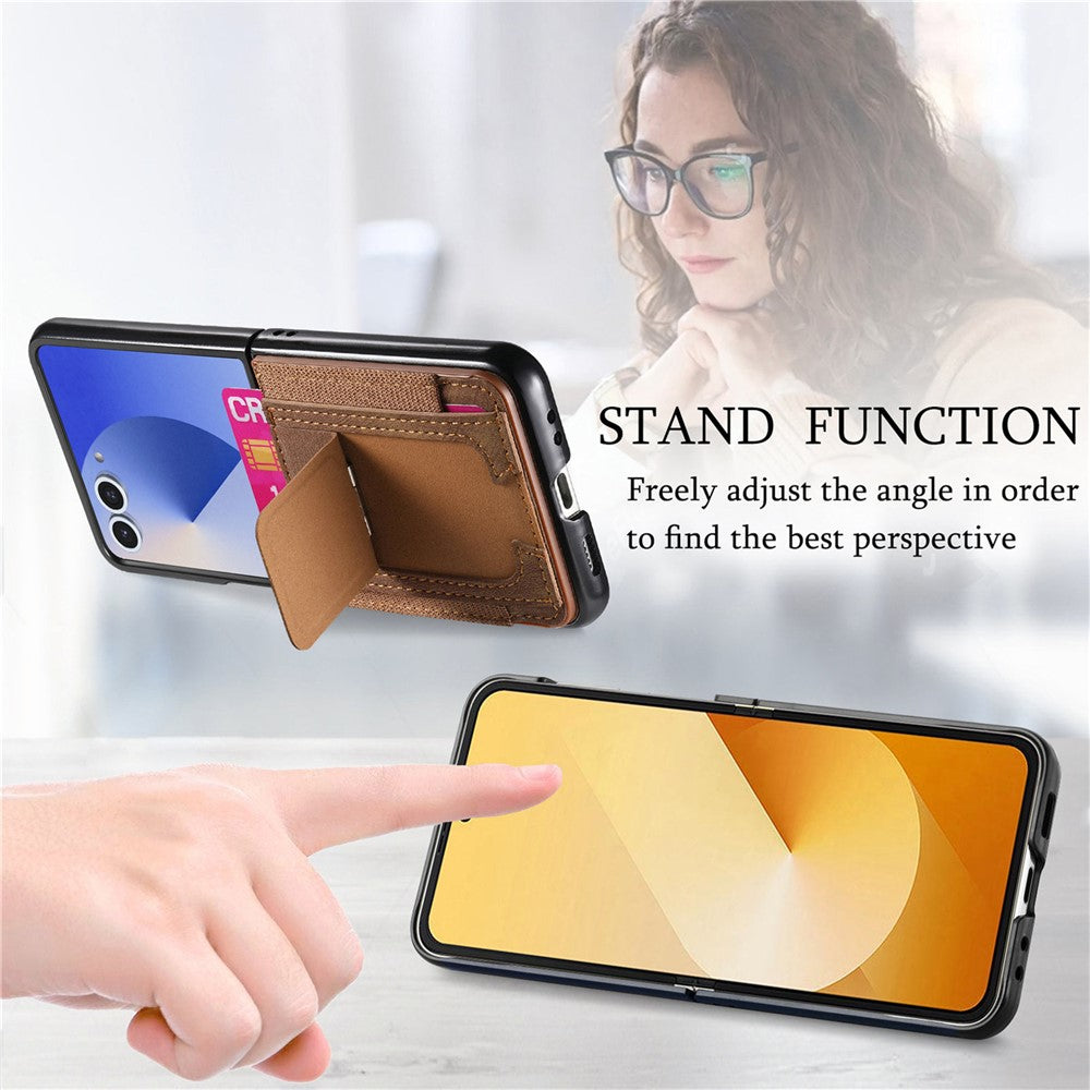 For Samsung Galaxy Z Flip7 5G Case Kickstand Retro Leather Back Cover with Card Holder - Brown
