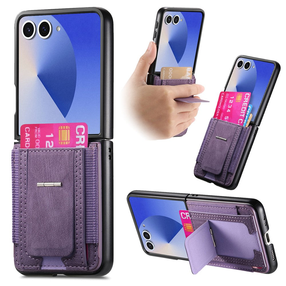 For Samsung Galaxy Z Flip7 5G Case Kickstand Retro Leather Back Cover with Card Holder - Purple