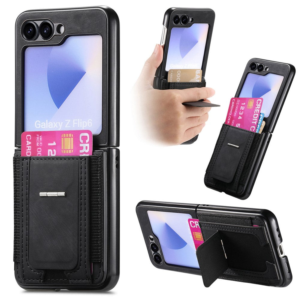 For Samsung Galaxy Z Flip7 FE 5G / Z Flip6 5G Case Kickstand Retro Leather Back Cover with Card Holder - Black