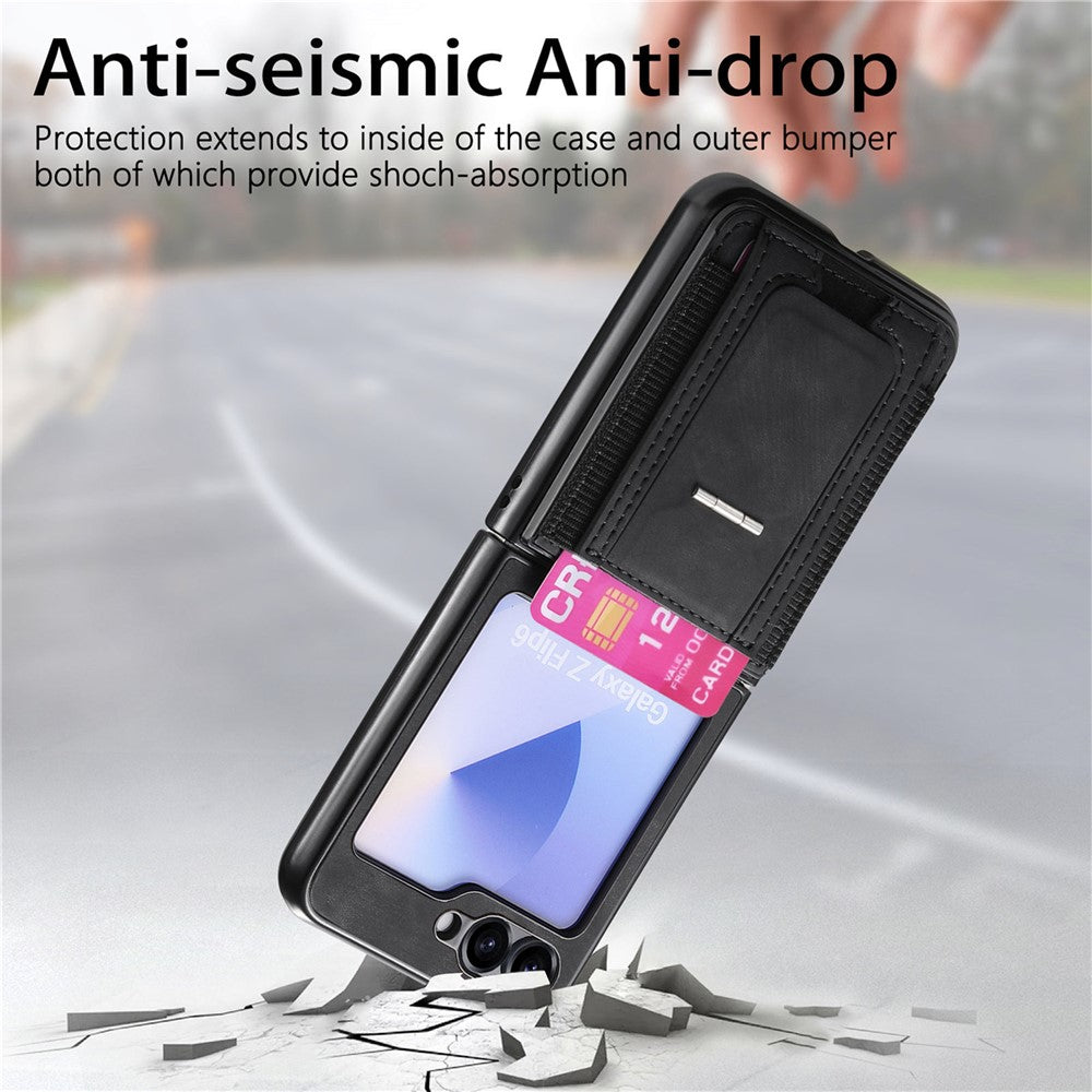 For Samsung Galaxy Z Flip7 FE 5G / Z Flip6 5G Case Kickstand Retro Leather Back Cover with Card Holder - Black