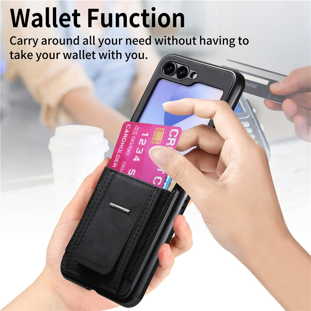 For Samsung Galaxy Z Flip7 FE 5G / Z Flip6 5G Case Kickstand Retro Leather Back Cover with Card Holder - Black
