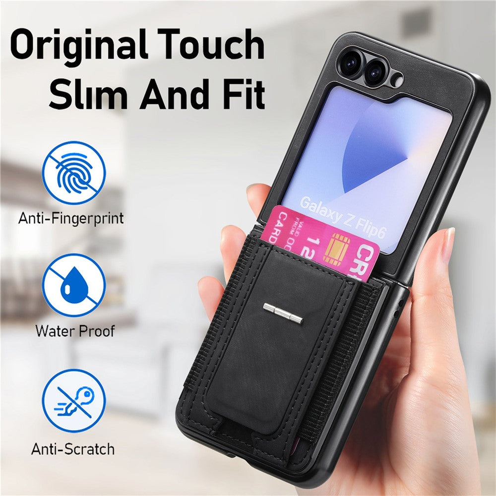 For Samsung Galaxy Z Flip7 FE 5G / Z Flip6 5G Case Kickstand Retro Leather Back Cover with Card Holder - Black