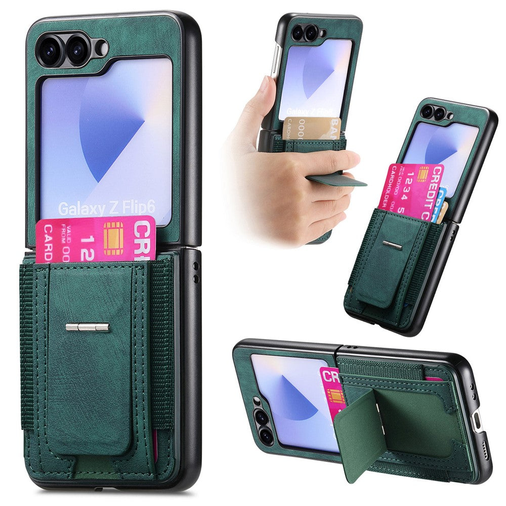 For Samsung Galaxy Z Flip7 FE 5G / Z Flip6 5G Case Kickstand Retro Leather Back Cover with Card Holder - Green