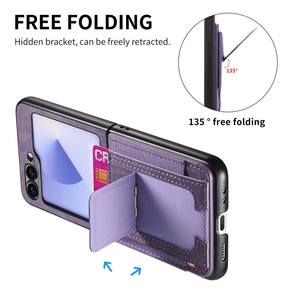 For Samsung Galaxy Z Flip7 FE 5G / Z Flip6 5G Case Kickstand Retro Leather Back Cover with Card Holder - Purple