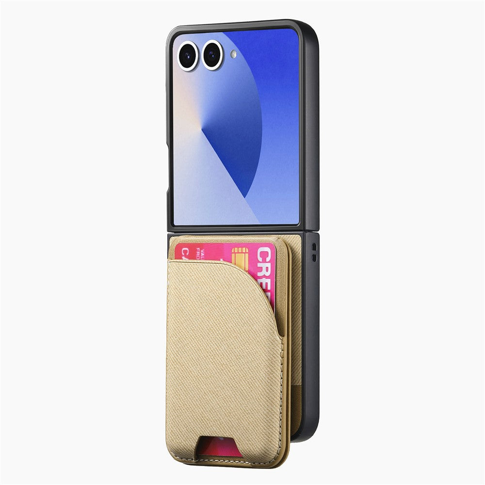 For Samsung Galaxy Z Flip7 5G Magnetic Case Kickstand Denim Texture Leather Back Cover with Detachable Card Bag - Khaki