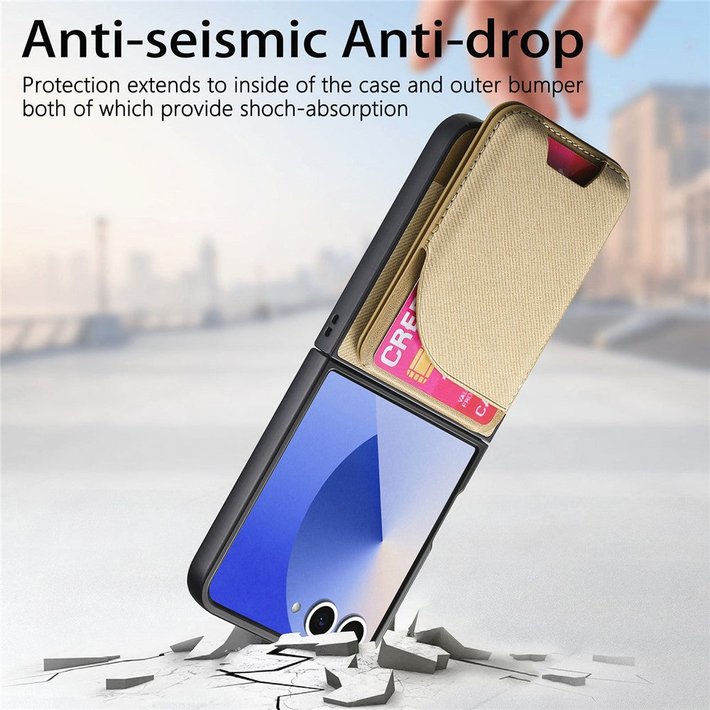 For Samsung Galaxy Z Flip7 5G Magnetic Case Kickstand Denim Texture Leather Back Cover with Detachable Card Bag - Khaki