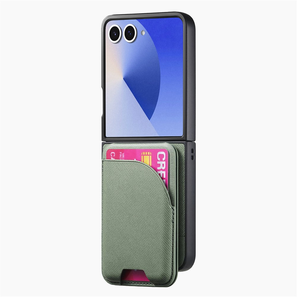 For Samsung Galaxy Z Flip7 5G Magnetic Case Kickstand Denim Texture Leather Back Cover with Detachable Card Bag - Green