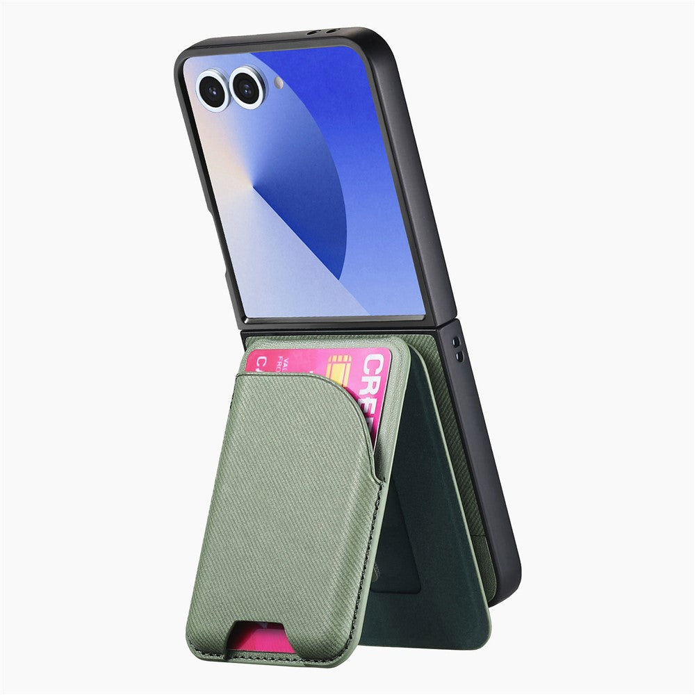 For Samsung Galaxy Z Flip7 5G Magnetic Case Kickstand Denim Texture Leather Back Cover with Detachable Card Bag - Green