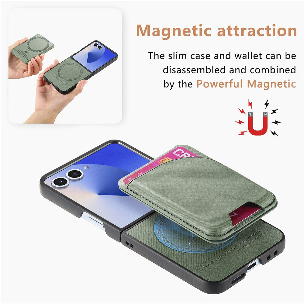 For Samsung Galaxy Z Flip7 5G Magnetic Case Kickstand Denim Texture Leather Back Cover with Detachable Card Bag - Green