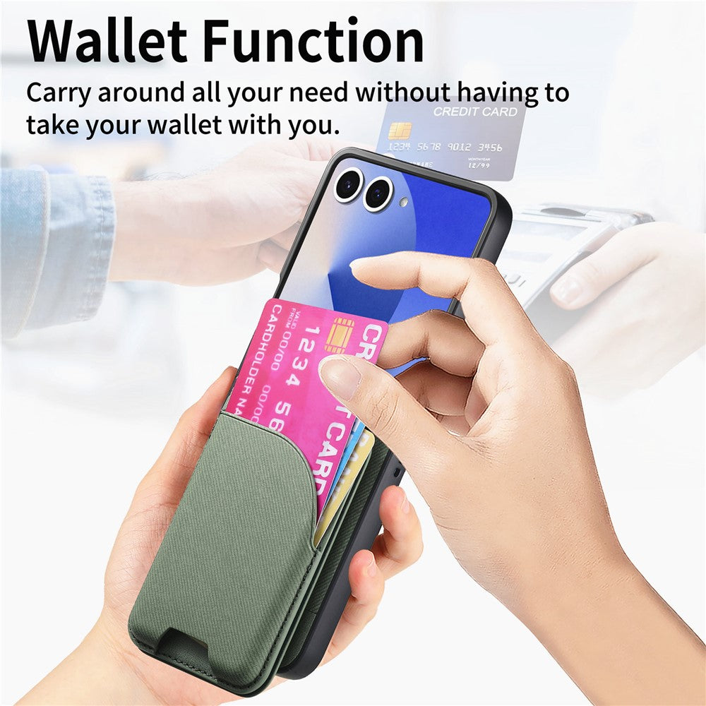 For Samsung Galaxy Z Flip7 5G Magnetic Case Kickstand Denim Texture Leather Back Cover with Detachable Card Bag - Green