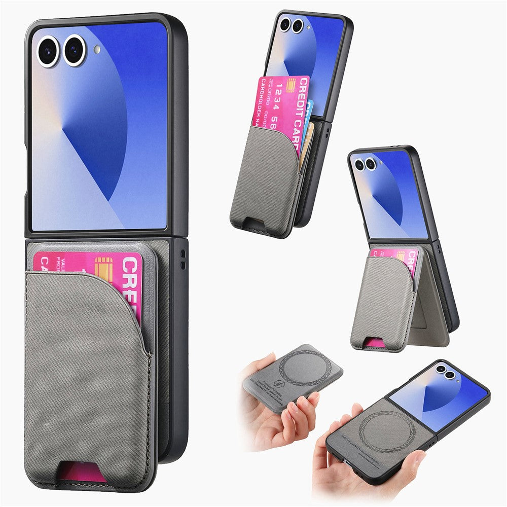 For Samsung Galaxy Z Flip7 5G Magnetic Case Kickstand Denim Texture Leather Back Cover with Detachable Card Bag - Grey
