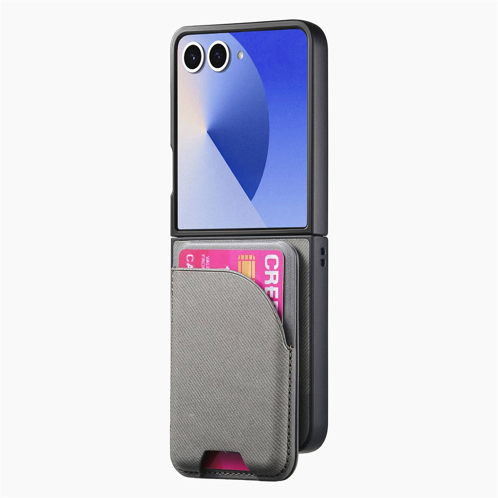 For Samsung Galaxy Z Flip7 5G Magnetic Case Kickstand Denim Texture Leather Back Cover with Detachable Card Bag - Grey