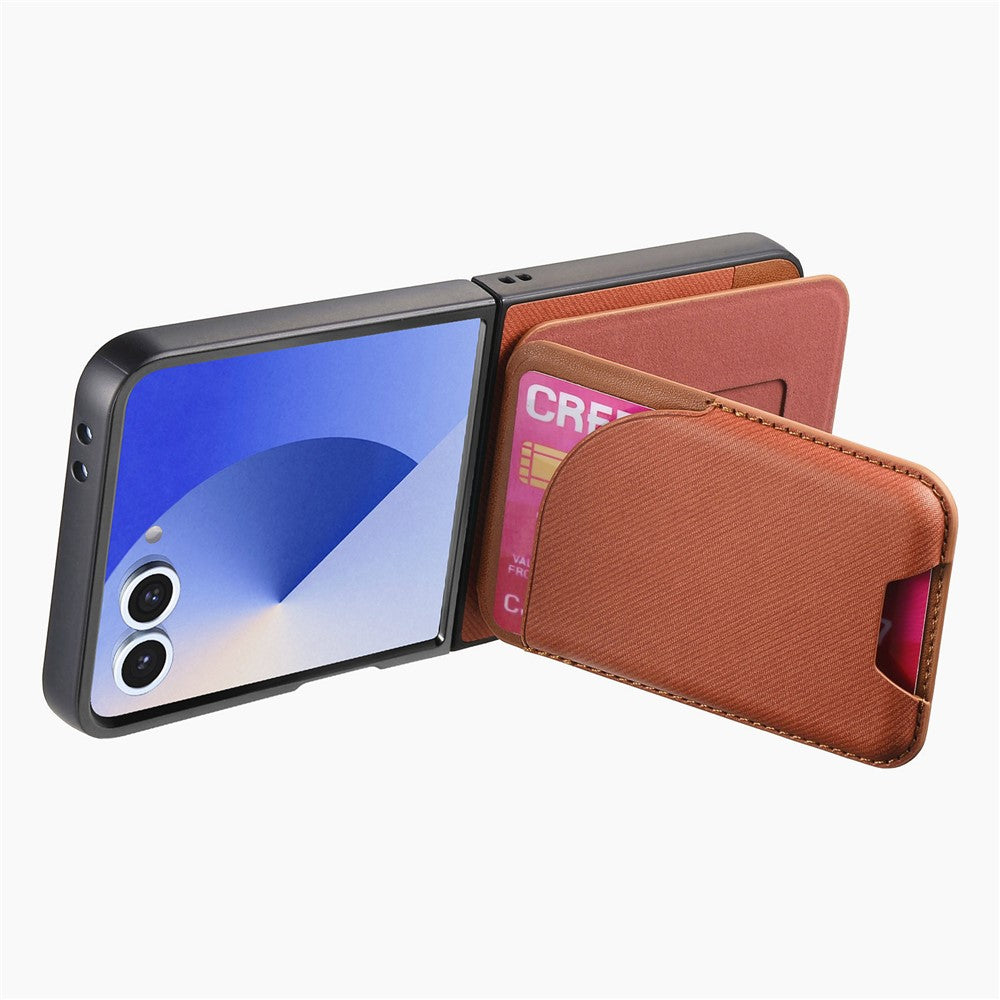 For Samsung Galaxy Z Flip7 5G Magnetic Case Kickstand Denim Texture Leather Back Cover with Detachable Card Bag - Brown