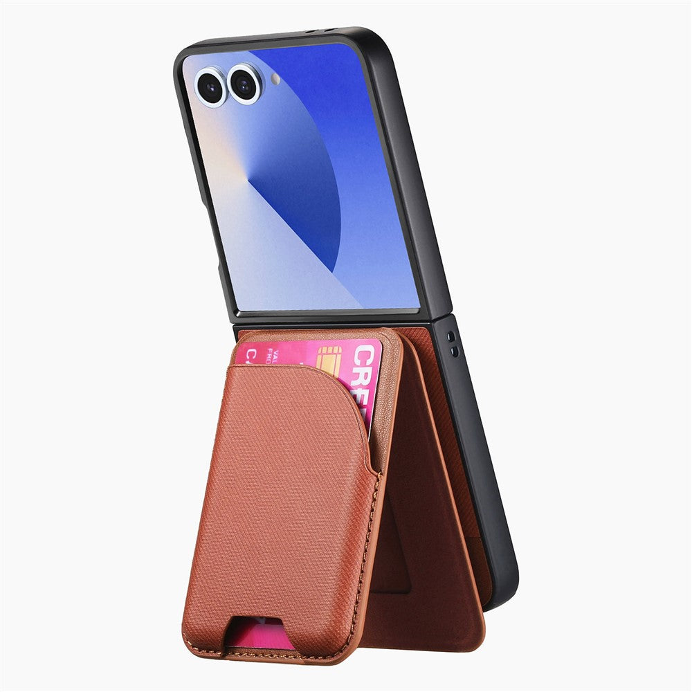 For Samsung Galaxy Z Flip7 5G Magnetic Case Kickstand Denim Texture Leather Back Cover with Detachable Card Bag - Brown