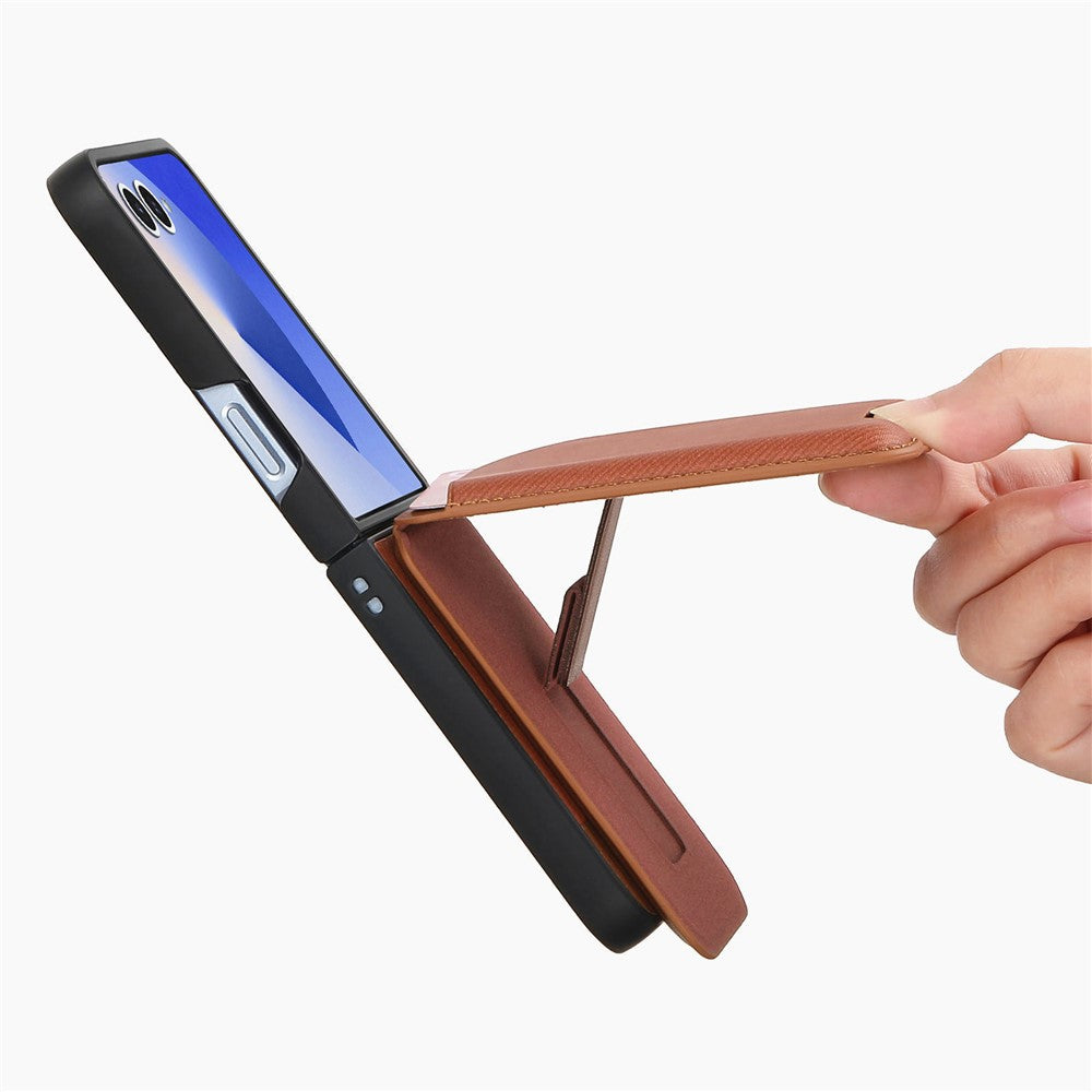 For Samsung Galaxy Z Flip7 5G Magnetic Case Kickstand Denim Texture Leather Back Cover with Detachable Card Bag - Brown