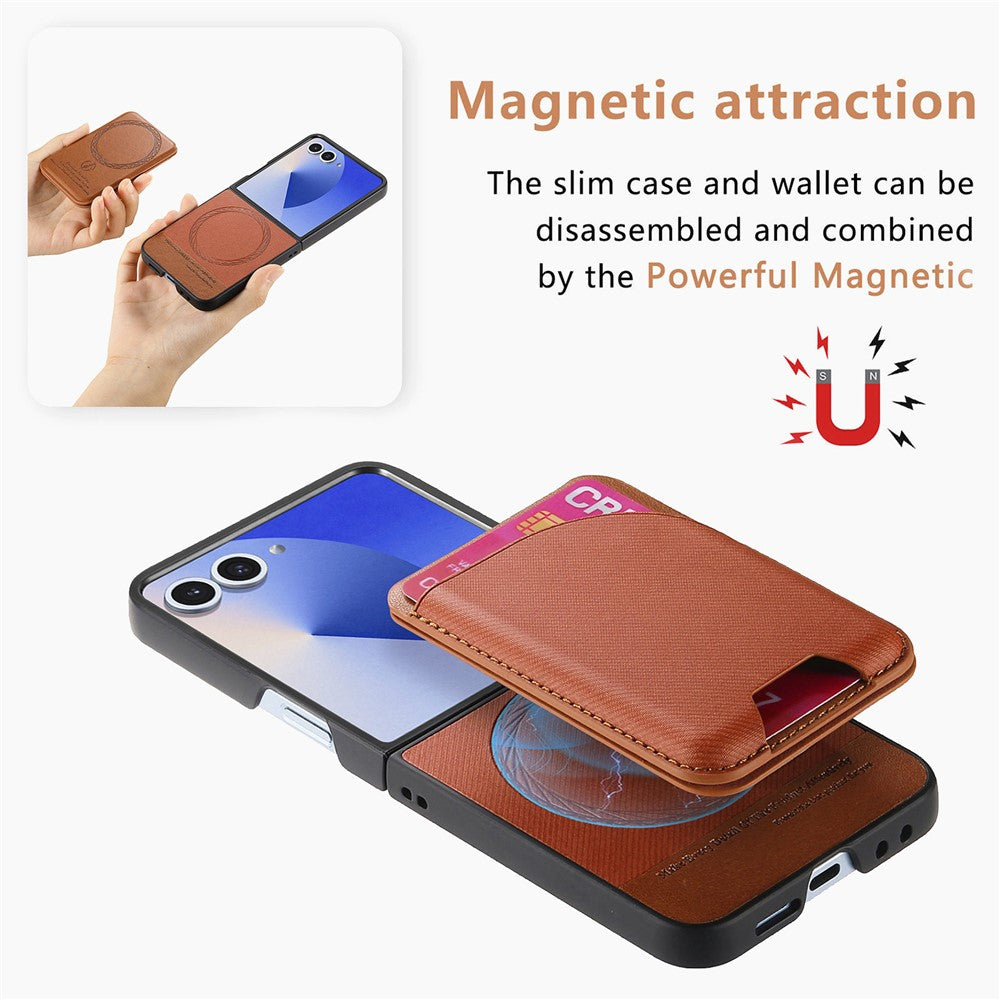For Samsung Galaxy Z Flip7 5G Magnetic Case Kickstand Denim Texture Leather Back Cover with Detachable Card Bag - Brown