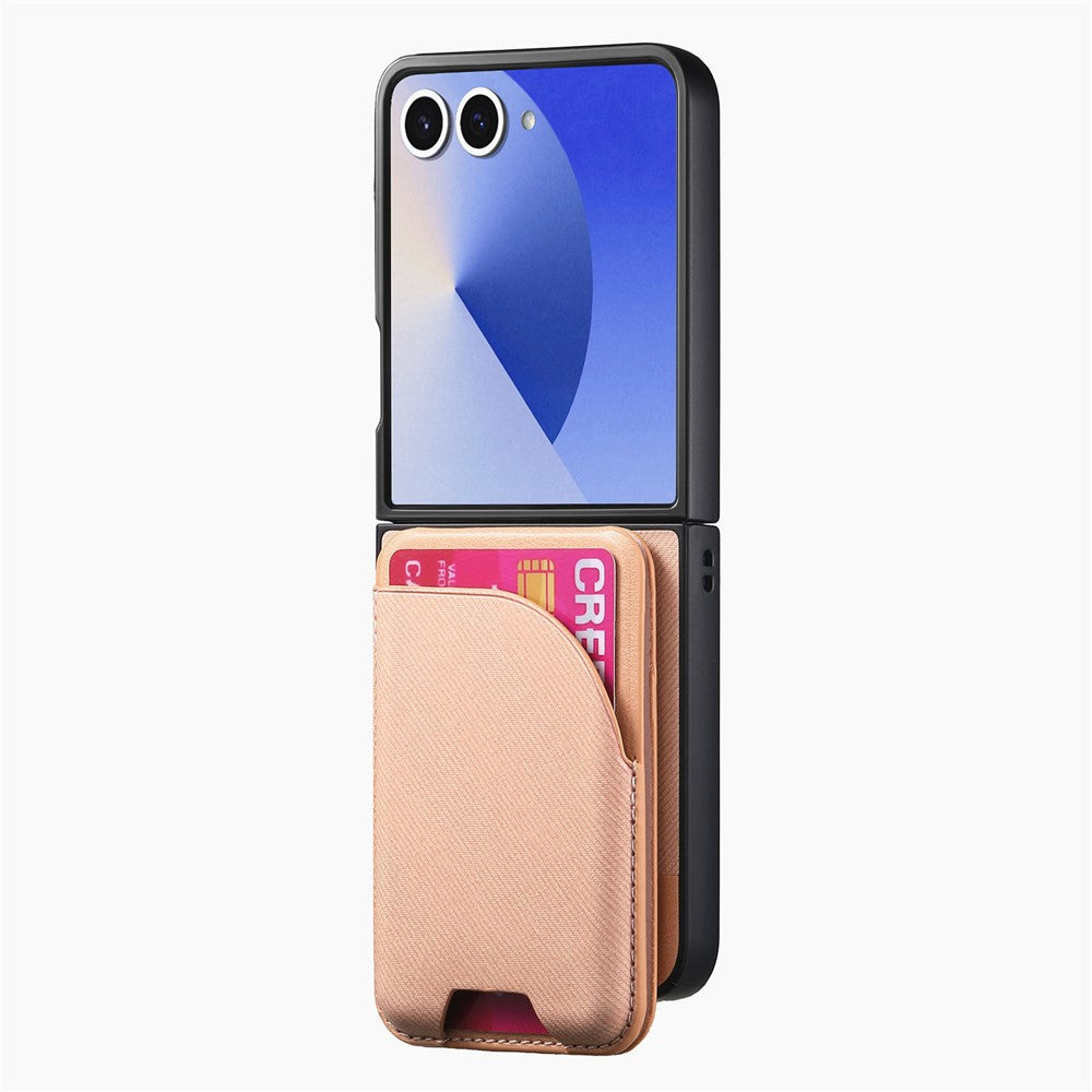For Samsung Galaxy Z Flip7 5G Magnetic Case Kickstand Denim Texture Leather Back Cover with Detachable Card Bag - Pink
