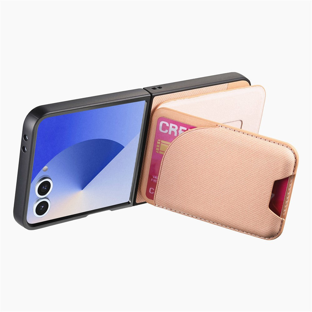 For Samsung Galaxy Z Flip7 5G Magnetic Case Kickstand Denim Texture Leather Back Cover with Detachable Card Bag - Pink