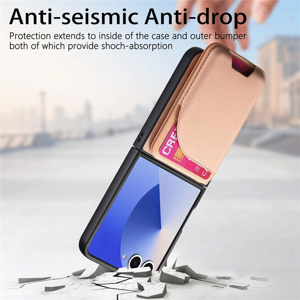 For Samsung Galaxy Z Flip7 5G Magnetic Case Kickstand Denim Texture Leather Back Cover with Detachable Card Bag - Pink