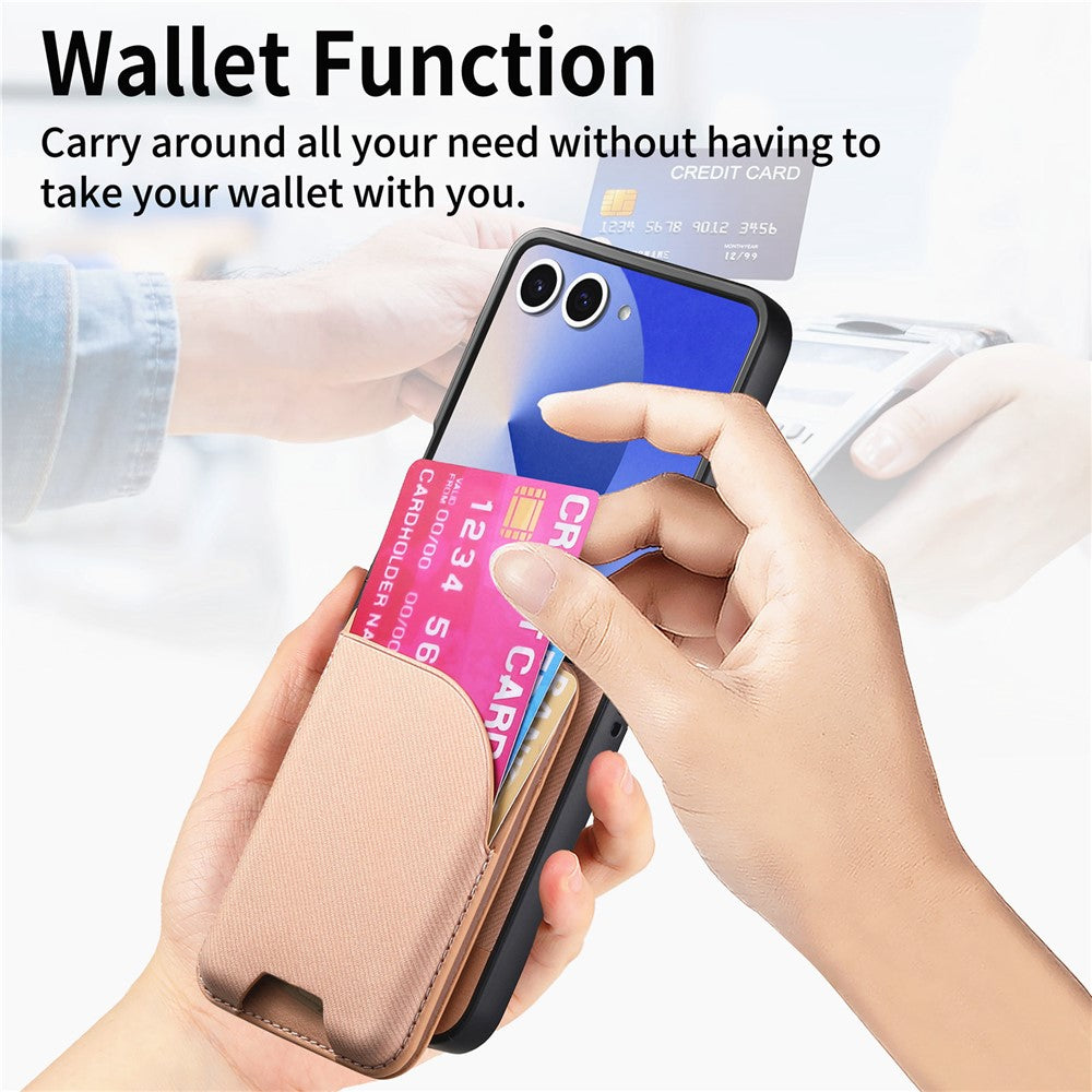 For Samsung Galaxy Z Flip7 5G Magnetic Case Kickstand Denim Texture Leather Back Cover with Detachable Card Bag - Pink