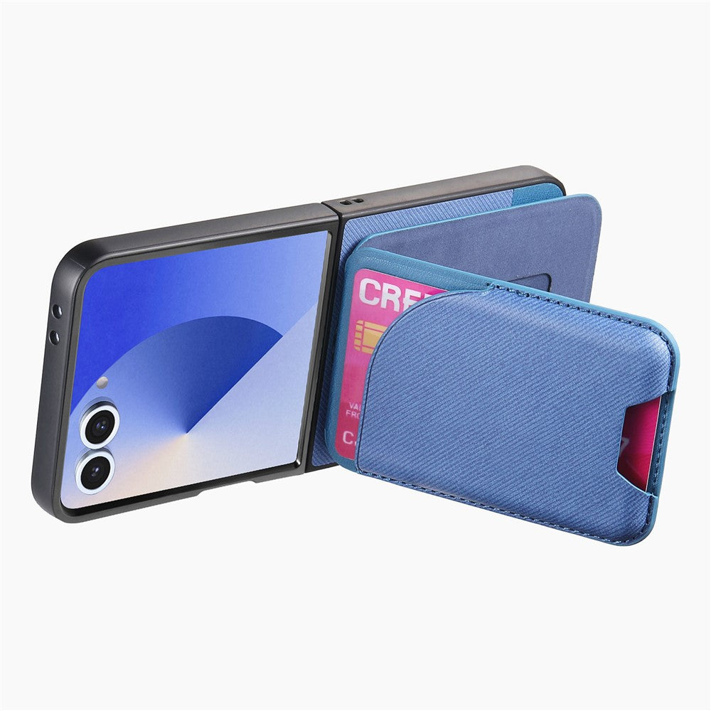 For Samsung Galaxy Z Flip7 5G Magnetic Case Kickstand Denim Texture Leather Back Cover with Detachable Card Bag - Blue
