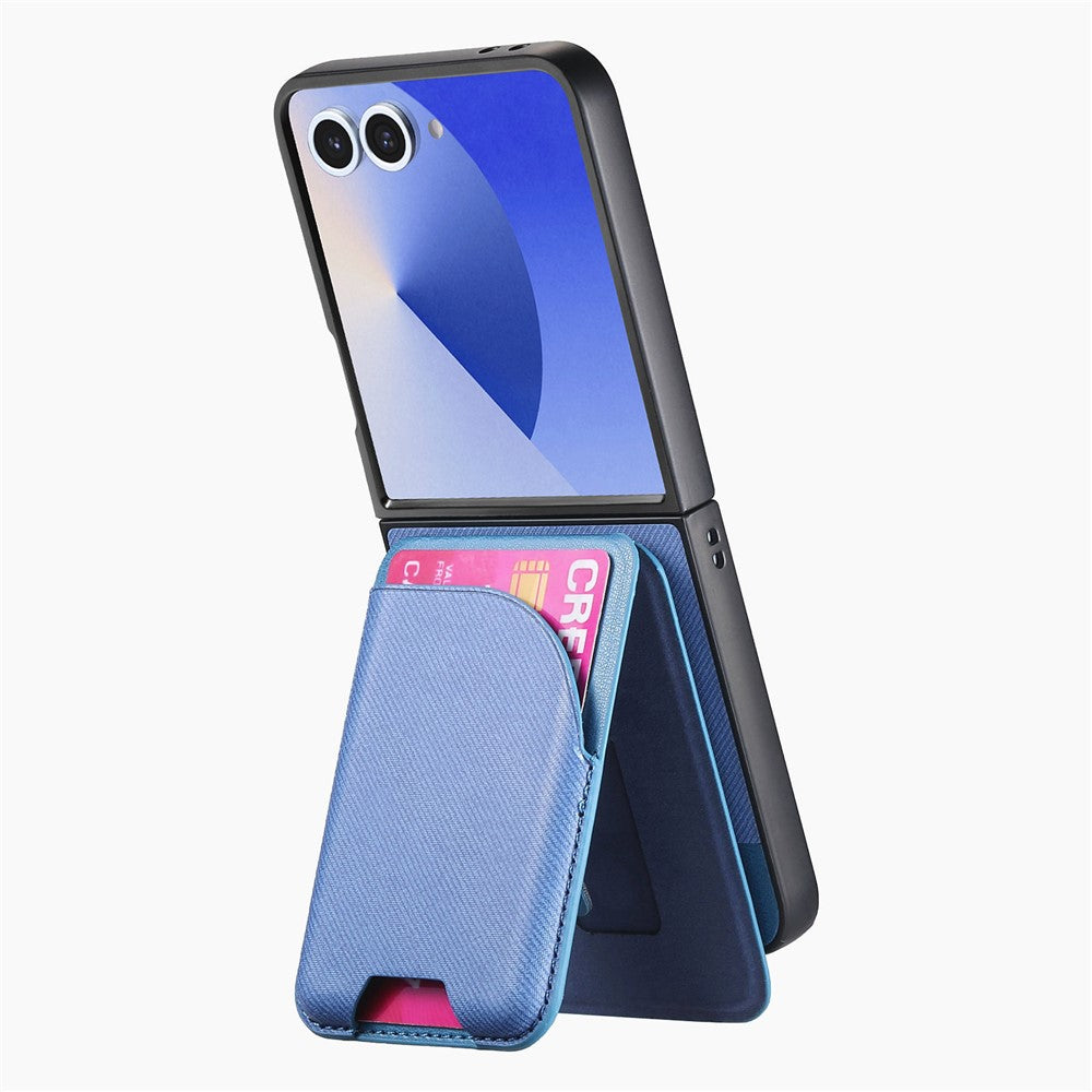 For Samsung Galaxy Z Flip7 5G Magnetic Case Kickstand Denim Texture Leather Back Cover with Detachable Card Bag - Blue