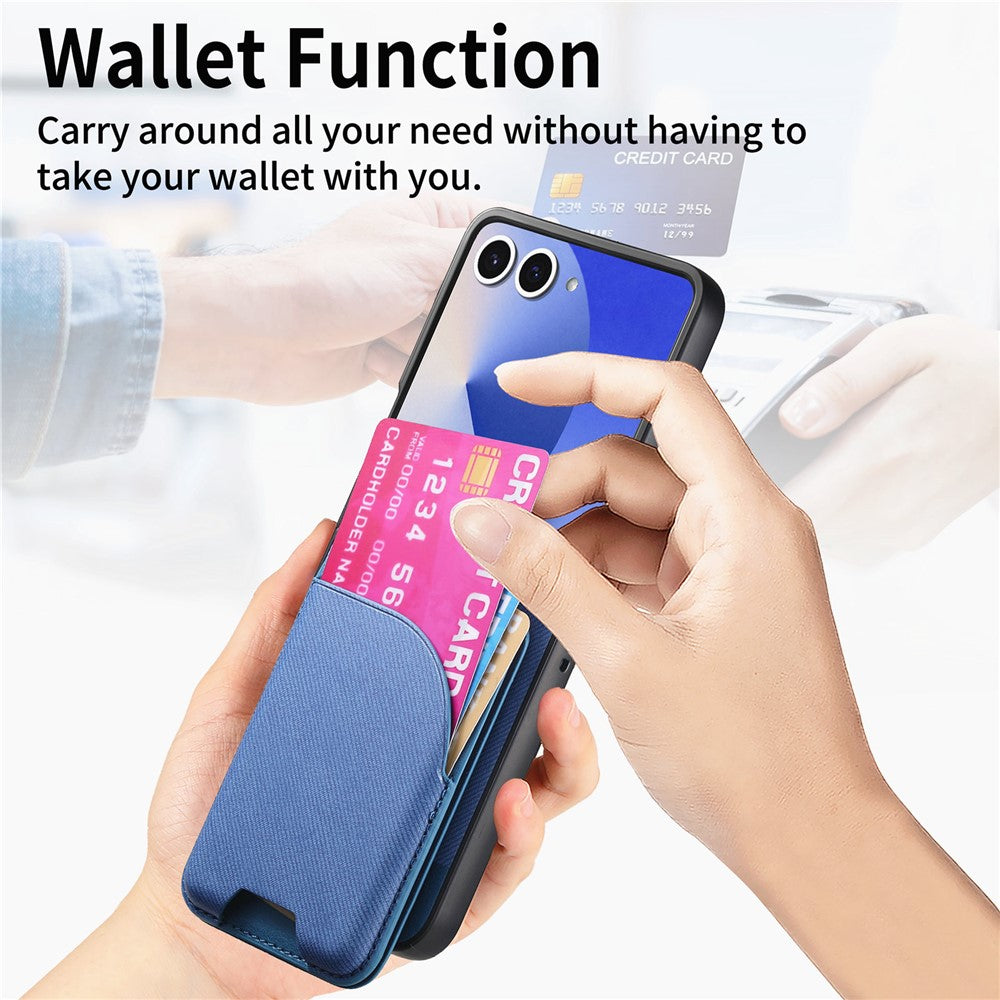 For Samsung Galaxy Z Flip7 5G Magnetic Case Kickstand Denim Texture Leather Back Cover with Detachable Card Bag - Blue