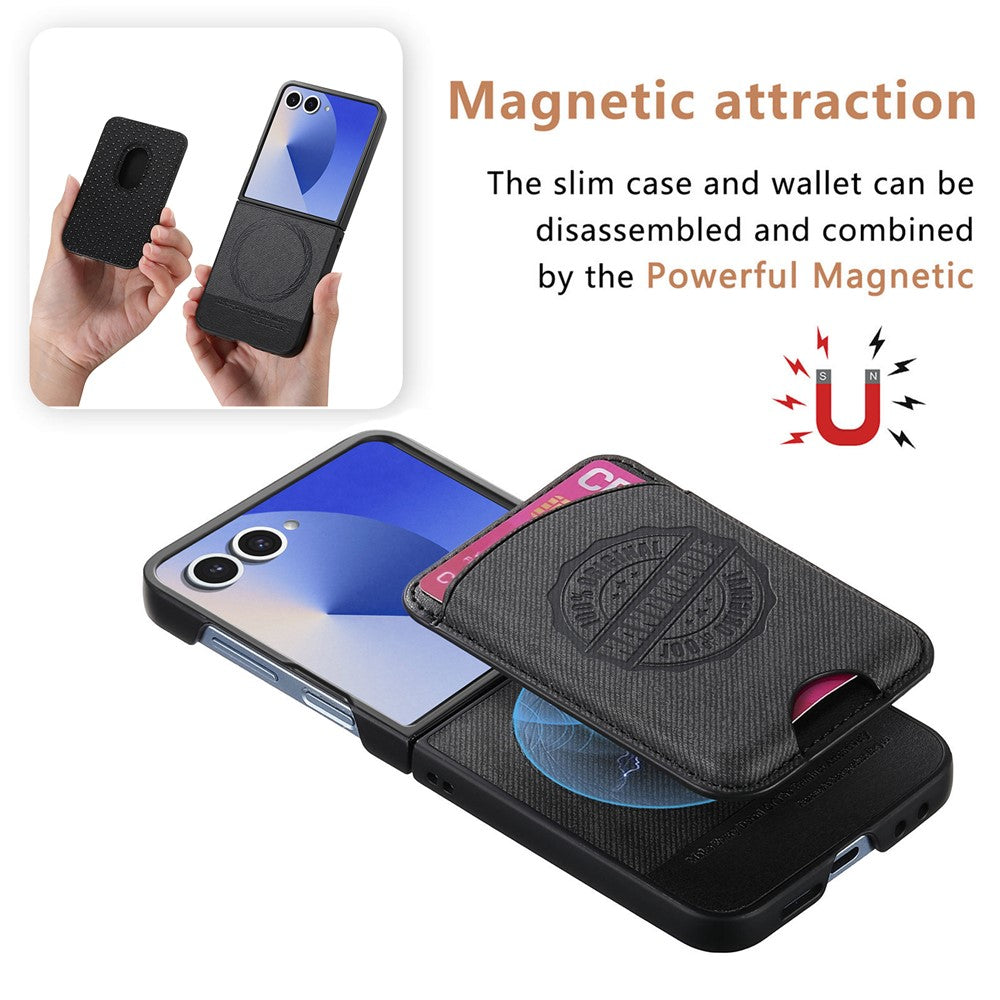 For Samsung Galaxy Z Flip7 5G Case with Card Bag Compatible with MagSafe Denim Texture Leather Back Cover - Black