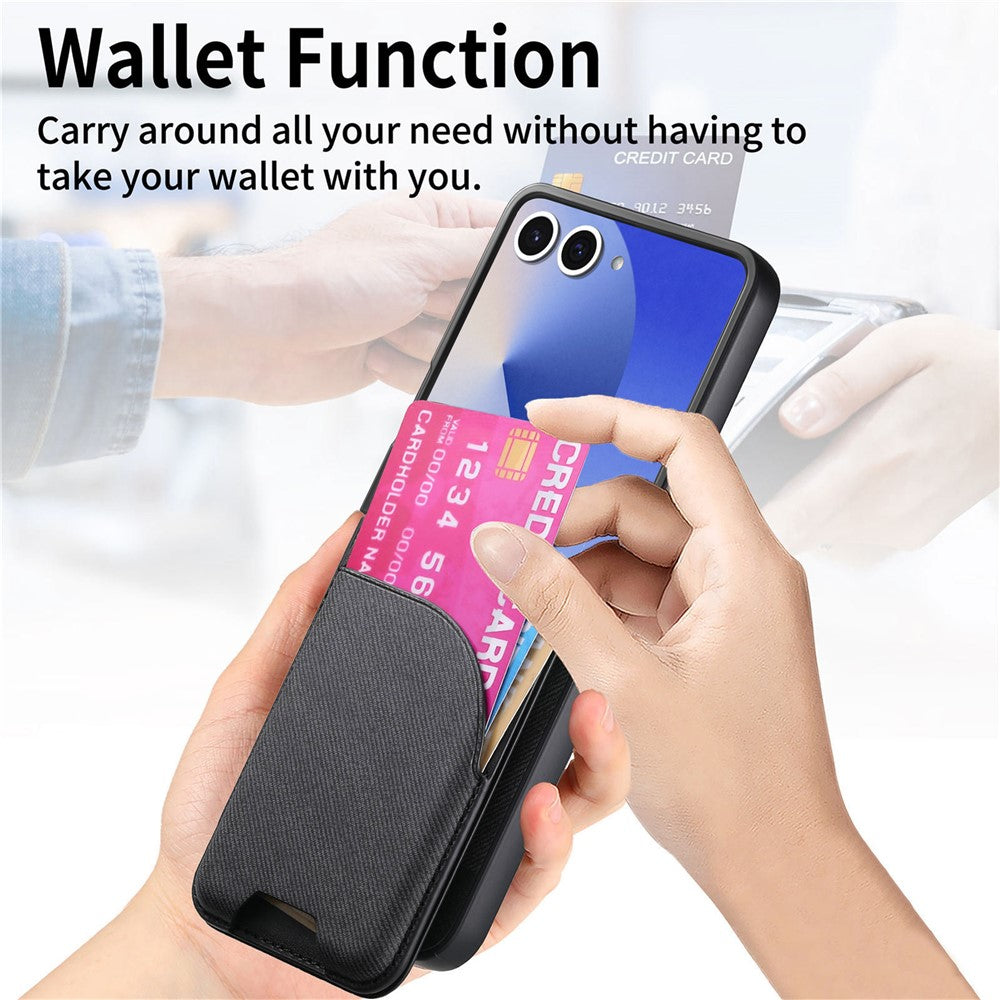 For Samsung Galaxy Z Flip7 5G Case with Card Bag Compatible with MagSafe Denim Texture Leather Back Cover - Black