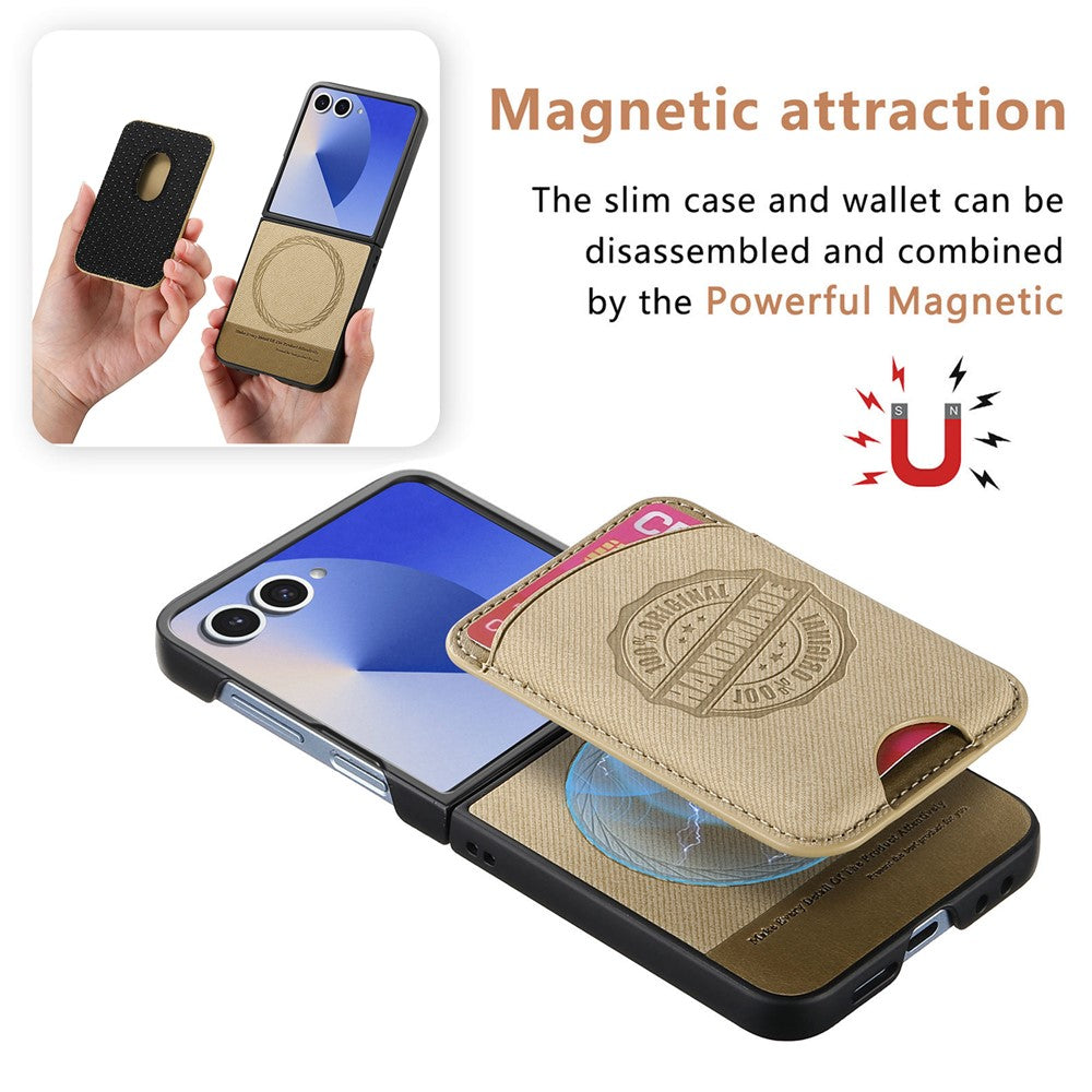 For Samsung Galaxy Z Flip7 5G Case with Card Bag Compatible with MagSafe Denim Texture Leather Back Cover - Khaki