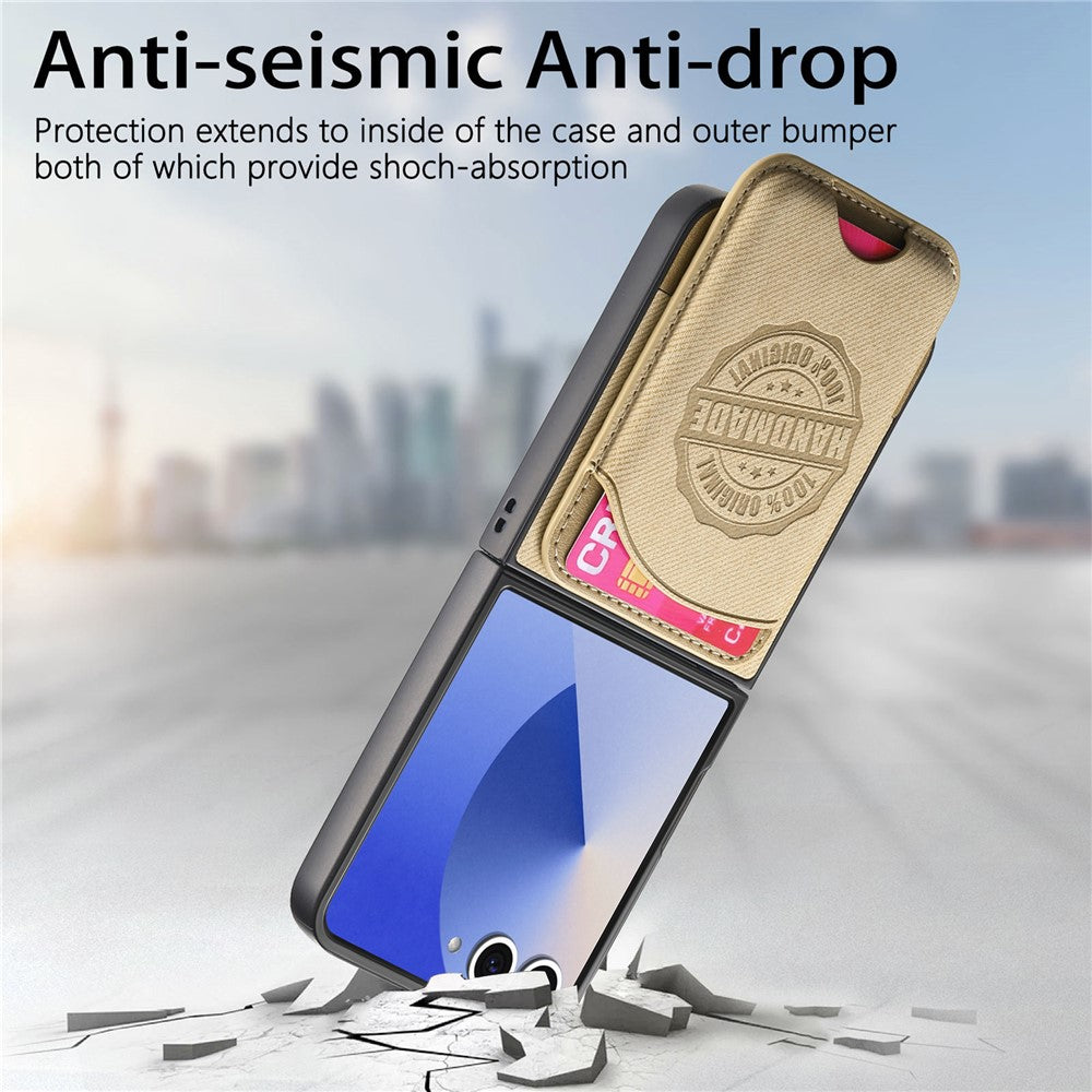 For Samsung Galaxy Z Flip7 5G Case with Card Bag Compatible with MagSafe Denim Texture Leather Back Cover - Khaki