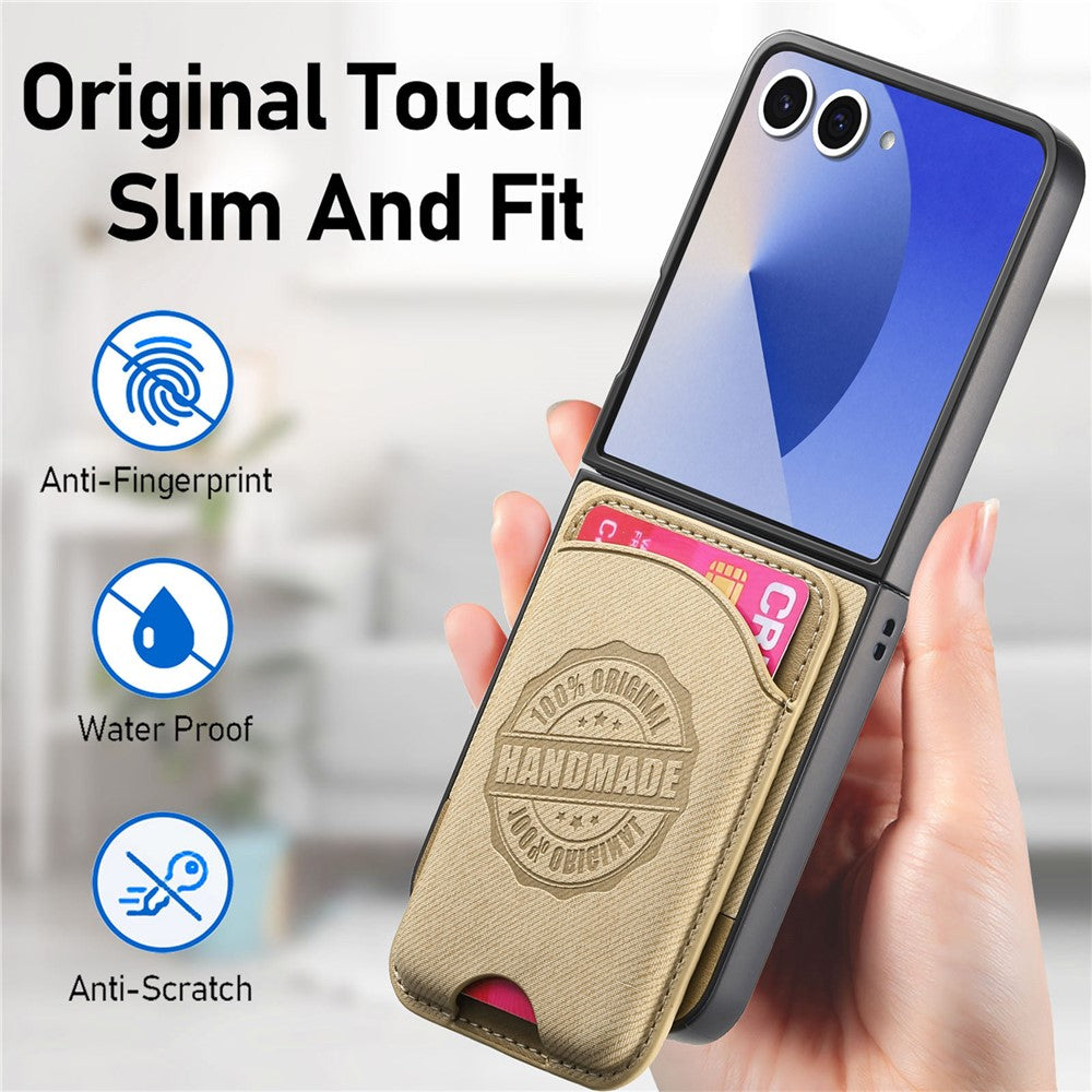 For Samsung Galaxy Z Flip7 5G Case with Card Bag Compatible with MagSafe Denim Texture Leather Back Cover - Khaki
