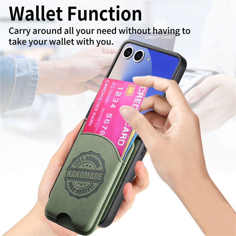 For Samsung Galaxy Z Flip7 5G Case with Card Bag Compatible with MagSafe Denim Texture Leather Back Cover - Green