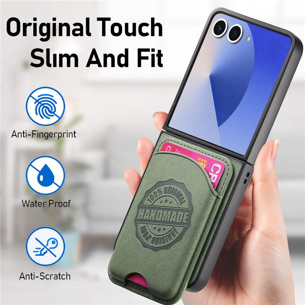 For Samsung Galaxy Z Flip7 5G Case with Card Bag Compatible with MagSafe Denim Texture Leather Back Cover - Green