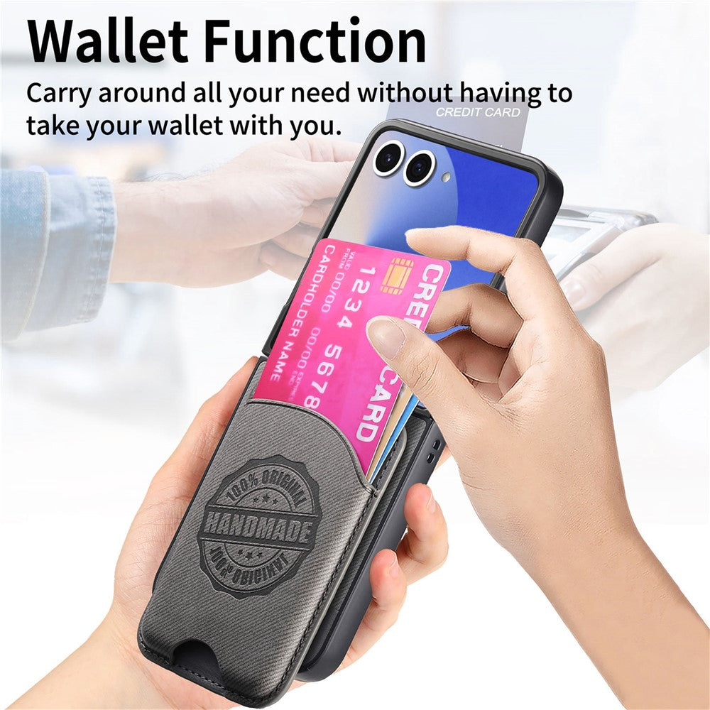 For Samsung Galaxy Z Flip7 5G Case with Card Bag Compatible with MagSafe Denim Texture Leather Back Cover - Grey