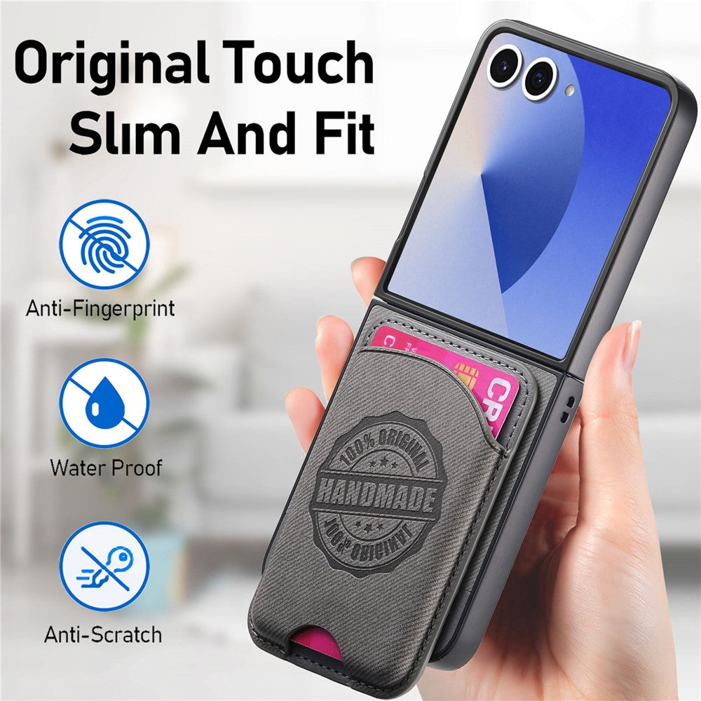 For Samsung Galaxy Z Flip7 5G Case with Card Bag Compatible with MagSafe Denim Texture Leather Back Cover - Grey