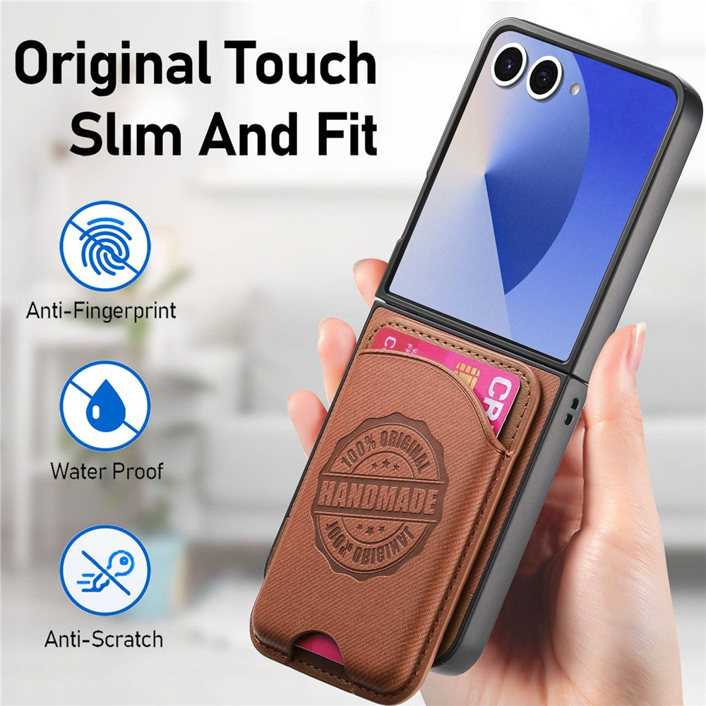For Samsung Galaxy Z Flip7 5G Case with Card Bag Compatible with MagSafe Denim Texture Leather Back Cover - Brown