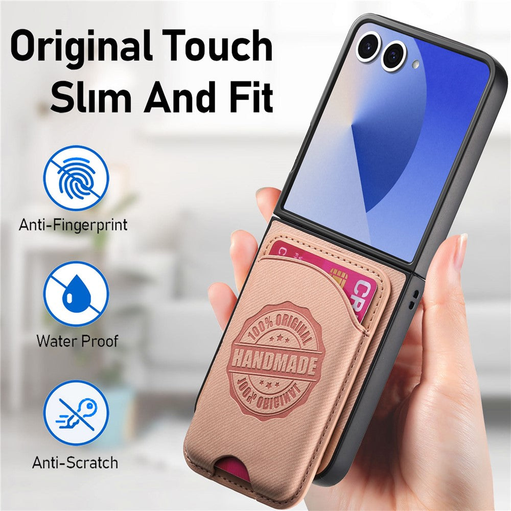 For Samsung Galaxy Z Flip7 5G Case with Card Bag Compatible with MagSafe Denim Texture Leather Back Cover - Pink